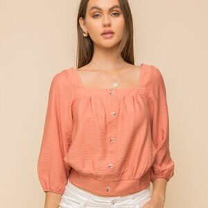 HEM & THREAD Terracotta Square Neck Button Front Blouse | Balloon Sleeve a